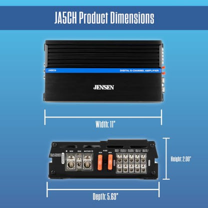 Jensen JA5CH 5-Channel Class-D Car Amp 1,500W Peak CTA-2006-D Certified | Powers 4 speakers & a subwoofer, bridgeable design, compact efficient build, CTA-2006-D certified Class-D 5-channel power - style: 5 Channel