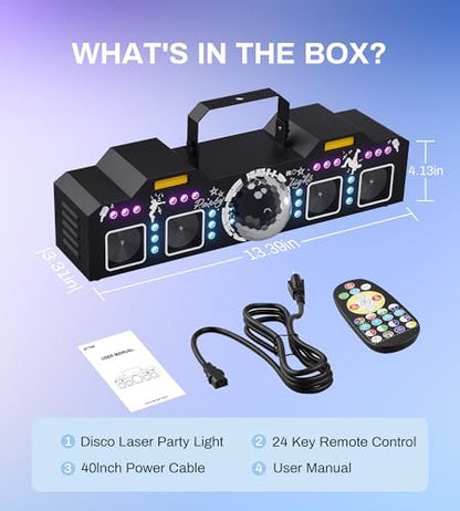 DJ Lights for Parties, Pro 8 in 1 DMX512 Laser Light Show with Disco Ball Light, RGB and Gold Strobe,UV Black Lights-Sound Activated LED Lighting for Home, Karaoke, Clubs, Gigs, and DJ Lighting