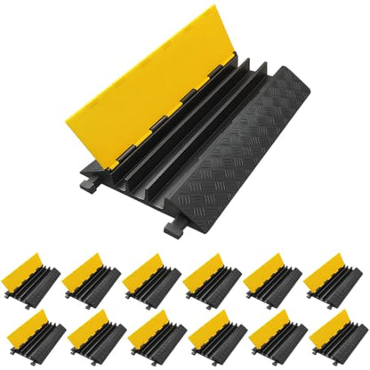 Electriduct Cable Protector 3 Channels 2.4" x 2.4" Traffic Hose and Wire Cover Rubber Black Base with Yellow Lid (3 Feet) 18,000 lbs/axle - Pack of 12 - color: Black/Yellow - 3 Channels (2.4 Inch), size: 12 Ramps