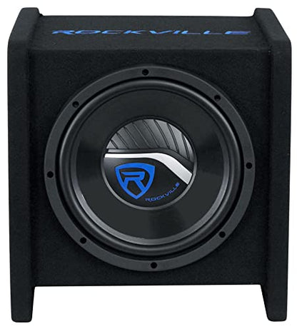 Rockville RV10P 10" Car Audio Subwoofer in Vented Enclosure Box, 4 Ohm | 500W Peak / 250W RMS, Polypropylene Cone, Aluminum Voice Coil, Bass Reflex Aero-Port, 15 Degree Angle, 98dB SPL - style: Single 10"