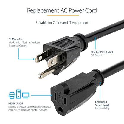 StarTech 15ft Heavy Duty Extension Cord, Black (HX-15F-POWER-CORD) - size: 15 ft, style: 14 AWG/15A/125V