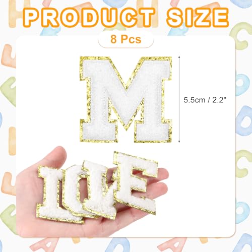 MECCANIXITY Chenille Letter Patches 2.2" Self Adhesive Alphabet M Stick on Embroidered Patch Sew on Letter Stickers Applique for Repairing Clothing Jeans Shoes Hats DIY(White, Pack of 8) - style: Letter M