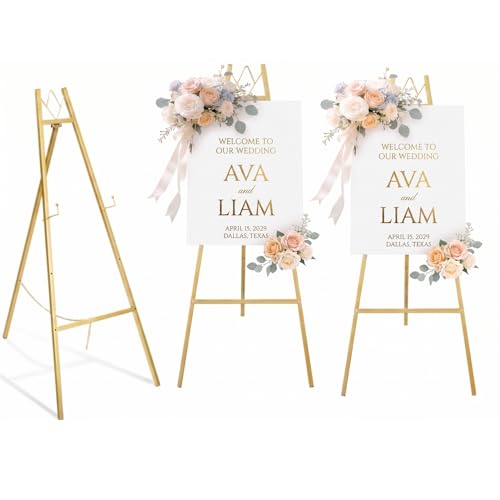 GRENTY 2 Pack Gold Easel Stand for Wedding Signs – No Assembly Needed, Heavy Duty Metal Display Stand for Art, Welcome Signs, Posters, Pictures, Paintings, and Floor Décor - color: 2 Packs Golden