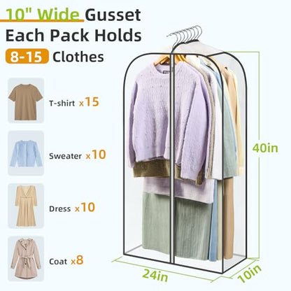 LANDNEOO 6 Pack Clear Garment Bags for Hanging Clothes with Zippers on Double Sides - 10'' Clothes Storage for Coat, Dress, and Fur in Closet - 40'' Long Suit Bags - size: 40 inch