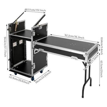 14U PA DJ Pro Audio Rack Road Case w/Slant Mixer Top, Heavy Duty Mobile Studio Equipment Cabinet, Network and Stereo Rack DJ Mixer Rack for Mixers & Live Sound - size: 14U / Side Tables