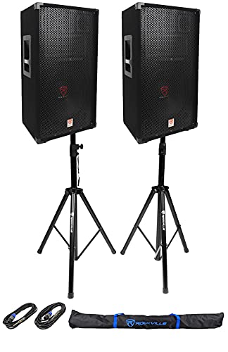 Rockville RSG-12 12" 3-Way DJ/PA Speaker Pair Bundle with RVSS2 Stands | 1000W Peak / 500W RMS, 8-Ohm, Passive, SpeakON/1/4" Inputs, 2 Tripod Stands, 2 20 Foot SpeakON Cables, Carry Bag, 3-Items
