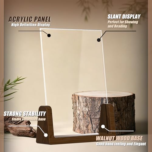Walnut Wood U-Base 5"x7"Sign Holder Set – Premium U-Shaped Tabletop Display Stand with Clear Acrylic Panels,4Pack (3 Vertical + 1 Horizontal)5*7inches – Ideal for Photo, Menu, QR Code, Café, Home Décor