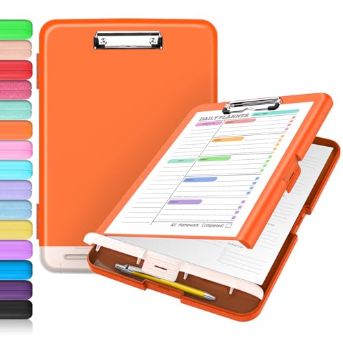 Sooez Clipboard with Storage, Clip Board 8.5 x 11 with Pen Holder, Plastic Organization Case Box for Letter Legal A4 Size Paper, Low Profile Clip, Nurses Teachers Must Haves, School & Office Supplies - color: Bright Orange