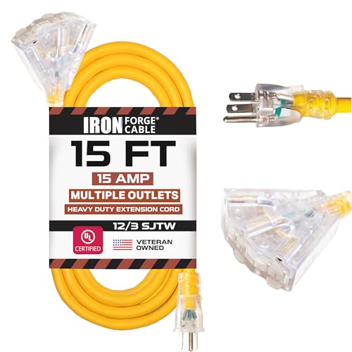 IRON FORGE CABLE 15 Foot Lighted Outdoor Extension Cord with 3 Electrical Power Outlets - 12/3 SJTW Heavy Duty Yellow Extension Cable with 3 Prong Grounded Plug for Safety - size: 15 Foot