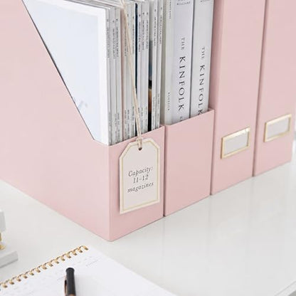 BLU MONACO | Cardboard Magazine File Holder Set of 6 Pink | Vertical Magazine File Holder with Gold Label Slots | Standing File Holder and Cardboard Bins for Shelves Desk Storage - color: Pink