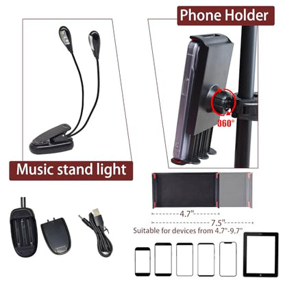 70" Sheet Music Stand with Light & Phone Holder, Portable Music Stand for Sheet Music High Stability, Height Adjustable Music Sheet Stand with Carrying Bag, Music Book Holder（33-70inch - size: 33-70inch