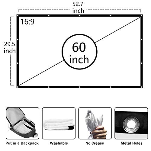 Jscreen 60 inch Projector Screen 16:9 HD Foldable Anti-Crease Portable Projection Movies Screen for Home Theater Outdoor Indoor Support Double Sided Projection