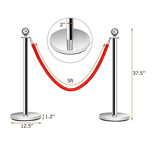Goplus 6Pcs Stainless Steel Stanchion Set, Stanchions and 5FT Red Velvet Ropes, Round Top Polished Silver Stanchion Posts Queue Line Pole, Crowd Control Safety Barriers for Theaters, Museum, Party