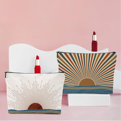 2PCS Boho Makeup Bag, Boho Gifts for Women Friend Mom Cosmetic Bag | Sunlight Rays Natural Linen Zipper Pouch Best Gifts for Girls Sister Travel Sunshine Cosmetic Bag - color: Multicolor 0083