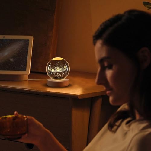 Flexzion 3D Solar System Crystal Ball Night Light - LED Light Hologram Glass Lamp with Solid Wood Base, USB Powered Crystal Ball Lamp w/Adjustable Brightness for Home Decor Display Gift,2.4inch(60mm) | Solar System Lamp with Solid Beech Wood Base and Adju