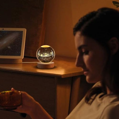 Flexzion 3D Solar System Crystal Ball Night Light - LED Light Hologram Glass Lamp with Solid Wood Base, USB Powered Crystal Ball Lamp w/Adjustable Brightness for Home Decor Display Gift,2.4inch(60mm) | Solar System Lamp with Solid Beech Wood Base and Adju