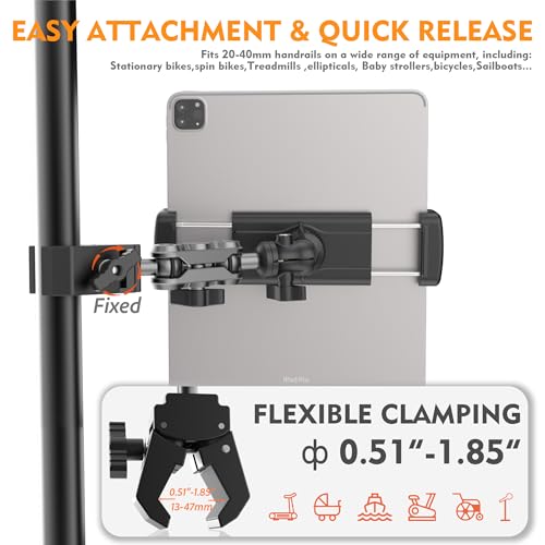 Tablet Holder for Treadmil Indoor Cycle Elliptical Spin Bike Peloton Music Stand 360° Adjustable Super Crab Handlebar Climp Mount Compitable with 4.7~12.9" iPad Switch iPhone e-Reader