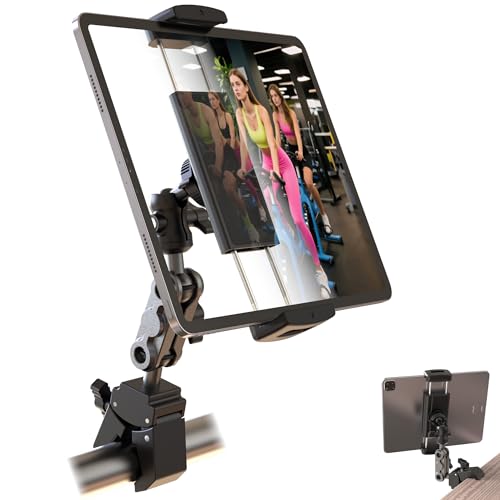 Tablet Holder for Treadmil Indoor Cycle Elliptical Spin Bike Peloton Music Stand 360° Adjustable Super Crab Handlebar Climp Mount Compitable with 4.7~12.9" iPad Switch iPhone e-Reader
