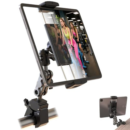 Tablet Holder for Treadmil Indoor Cycle Elliptical Spin Bike Peloton Music Stand 360° Adjustable Super Crab Handlebar Climp Mount Compitable with 4.7~12.9" iPad Switch iPhone e-Reader