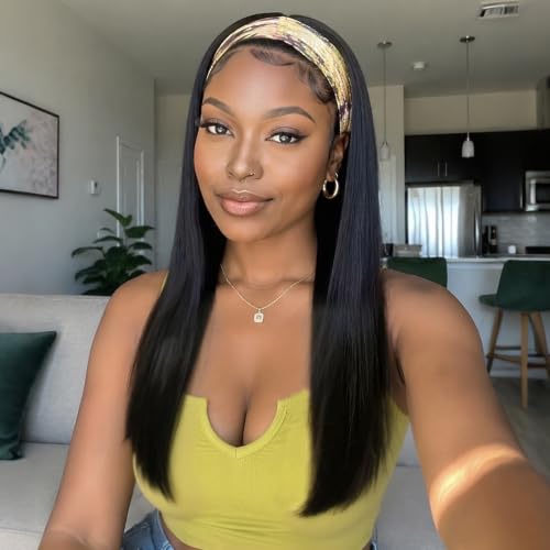 BECUS 20" Straight Headband Wig Natural Black Everyday Style - color: A-Straight Black, size: 20 Inch