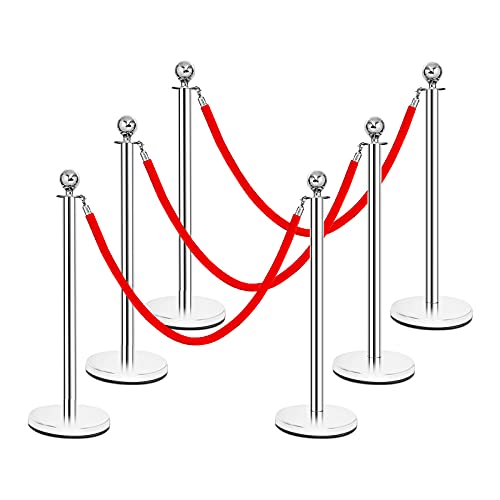 Goplus 6Pcs Stainless Steel Stanchion Set, Stanchions and 5FT Red Velvet Ropes, Round Top Polished Silver Stanchion Posts Queue Line Pole, Crowd Control Safety Barriers for Theaters, Museum, Party