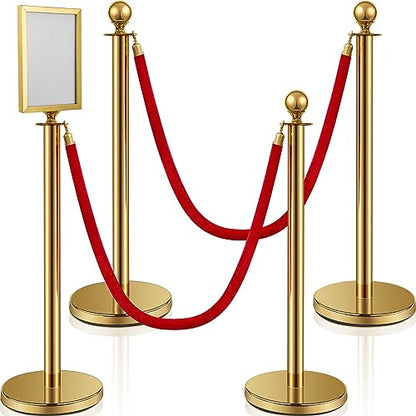 Velvet Ropes and Posts, 4 Stainless Steel Stanchions, Sign Holder, Gold | 2x5 ft Velvet Ropes, Fillable Bases, Sign Holder, Crowd Control Barriers for Red Carpet Events, Hotel, Theater, Weddings - color: Gold