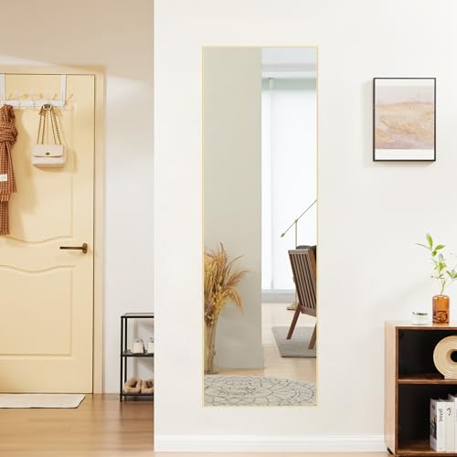 OLIXIS Full Length Mirror 59"x16.3" for Bedroom, Full Body Mirror with Stand, Hanging or Leaning for Wall, Aluminum Alloy Thin Frame Floor Standing for Living Room, Long, Gold