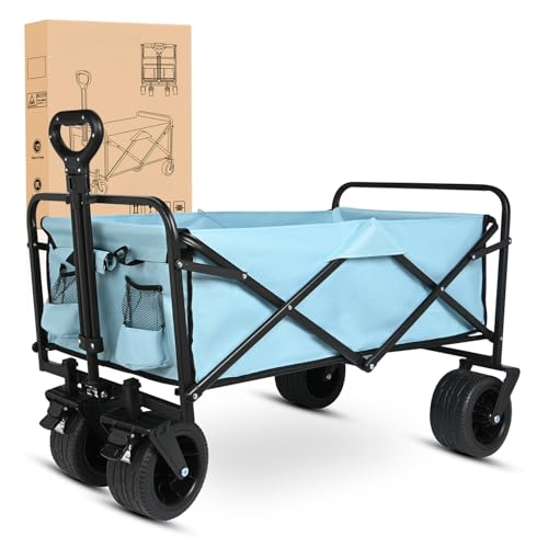 Yesker Foldable Wagon - 300lbs Collapsible Garden Carts with All Terrain Wheels for Outdoor Camping Sports Shopping Gardening - Heavy Duty Portable Utility Trolley (Blue) - color: Blue, size: 35*22*18"