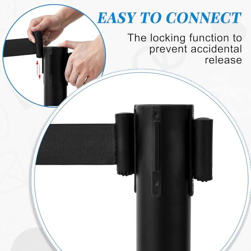 Wonderjune 6 Pcs Crowd Control Stanchions Set Stainless Steel Barrier Post with Dual Retractable Belt 9.8 ft and 1 Sign Holder Crowd Safety Control Barrier Solid Base Easy Connect Assembly