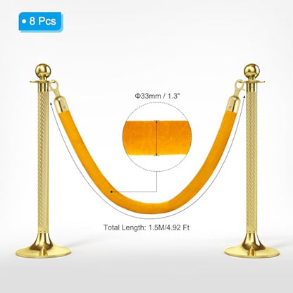 PATIKIL 8 Pack Yellow Velvet Stanchion Rope, 5 Ft Crowd Control Ropes Barrier Hanging Rope with Stainless Steel Gold Plated Hooks for Carpet Events Movie Theaters Opening Activities - color: Yellow/Gold Plated, size: 5 Ft