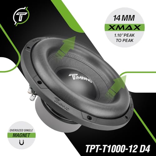 Timpano 12 Inch Subwoofer D4 1200 Watts Max Power Dual 4 Ohm, Subwoofer Car Audio 12 Inch 14 mm Xmax, TPT-T1000-12 D4, 2.4 in Voice Coil, Deep Low Tones Sub Woofer for Car Audio Systems (Single)