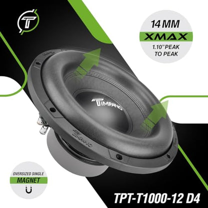 Timpano 12 Inch Subwoofer D4 1200 Watts Max Power Dual 4 Ohm, Subwoofer Car Audio 12 Inch 14 mm Xmax, TPT-T1000-12 D4, 2.4 in Voice Coil, Deep Low Tones Sub Woofer for Car Audio Systems (Single)