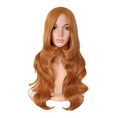 MapofBeauty 24 Inch Long Wavy Side Bangs Party Anime Cosplay Wig, Orange | 60 cm Synthetic Fiber Wig, Women, Charming - color: Golden Orange
