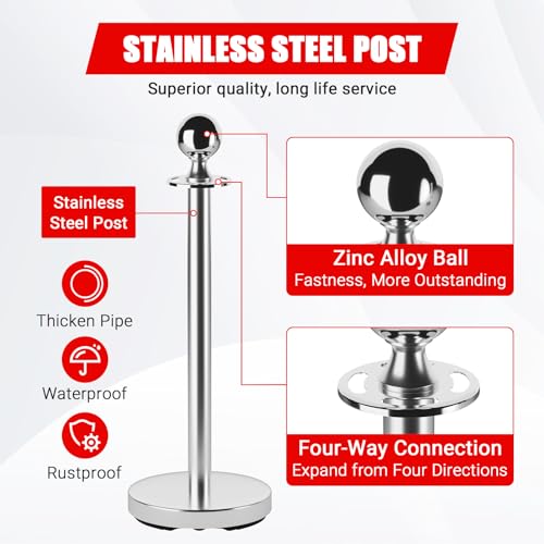 4 Pack Crowd Control Stanchions with Velvet Ropes for Wedding Hotel Party | 4 stainless steel posts + 2 velvet ropes. Sand/water-fillable bases for stability. Perfect for weddings, hotels, galas. - size: 4 Pack
