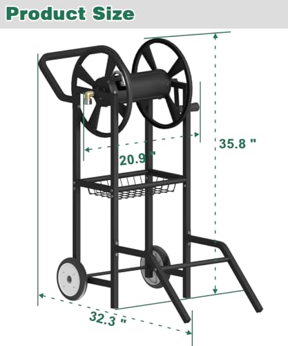 Hose Reel Cart with 2 Wheels, Garden Water Hose Holder Heavy Duty Powder Coated Steel Outdoor Winder Storage Holds 125 ft 5/8" Hoses with Basket and 3.9ft Leader Hose for Backyard, Black - color: Black