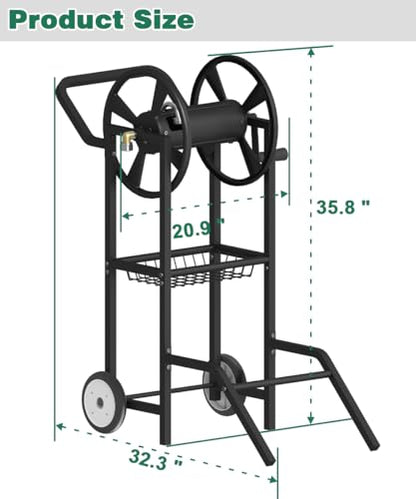 Hose Reel Cart with 2 Wheels, Garden Water Hose Holder Heavy Duty Powder Coated Steel Outdoor Winder Storage Holds 125 ft 5/8" Hoses with Basket and 3.9ft Leader Hose for Backyard, Black - color: Black