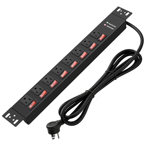 Jgstkcity Rack Mount PDU Power Strips,8 Outlet Surge Protector,Individual Switches,1.5U Rackmount Server Racks,14AWG Heavy Duty Extension Cord,15A 125V 1875W (Standard Power Cord, 12 FT Cable) - size: 12 FT Cable