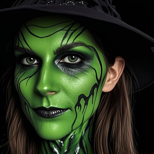 St Patricks Day Black White Green Face Body Paint 1.01 oz/pc with 3 Sponges,Dark Green St Patrick's Day Costume Painting Kit, Elphaba Halloween SFX Witch Makeup Cream Face Paint,3 oz - color: black+white+green