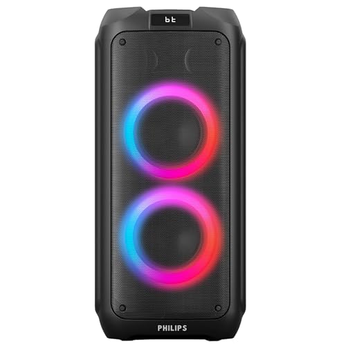 Philips Bluetooth Party Speaker, 120W Powerful Sound with Dynamic Bass Boost, 10 RGB Light Modes, Karaoke Mic & Guitar Inputs, FM Radio, USB/TF/AUX Playback, Portable Handle, Remote Control (Cordless) - style: Cordless