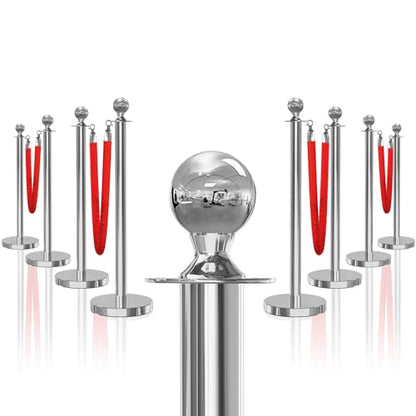 8PCS Silver Stanchions Posts with 4PCS 5 ft Red Velvet Rope, Crowd Control Barriers, Stanchions and Velvet Ropes Red Carpet Poles for Party Supplies - color: Silver, size: 8
