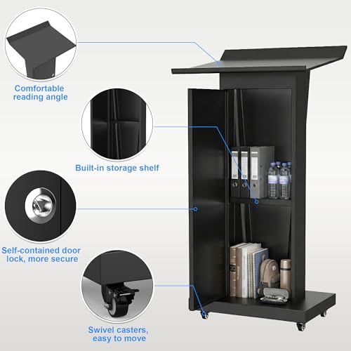 Metal Podium Stand with Wheels, 50.4"Heavy-Duty Mobile Metal Lectern with Storage Cabinets, Portable Pulpit for Church, School, Office and Conference - color: Black-01