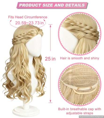Golden Long Wavy Princess Wig, Synthetic Costume Wig with Cap | Adjustable cap included, long golden wavy hair for cosplay, Halloween, parties, festivals, and everyday dress-up - color: Golden