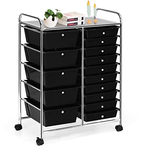 HAPPYGRILL 15-Drawer Rolling Cart, Storage Carts with Removable Drawers & Steel Frame, Utility Cart on Lockable Wheels for Home, School, Office, Black - color: Black, size: 15 Drawer