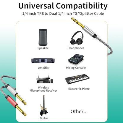 3ft Insert Cable - Dual 1/4 Mono to Stereo Breakout Y Splitter Compatible with Amplifiers, Mixers, Guitars, Speakers and More - color: 6.35mm to 2x6.35mm Audio Cable, size: 3 feet
