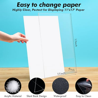 Qilery 8 Pcs Acrylic Sign Holder Clear Display Stand Frame Table Top Slant Back Plastic Sign Holder Flyer Document for Menu Workers Teachers Office School Desktop (11 x 17 Inch)