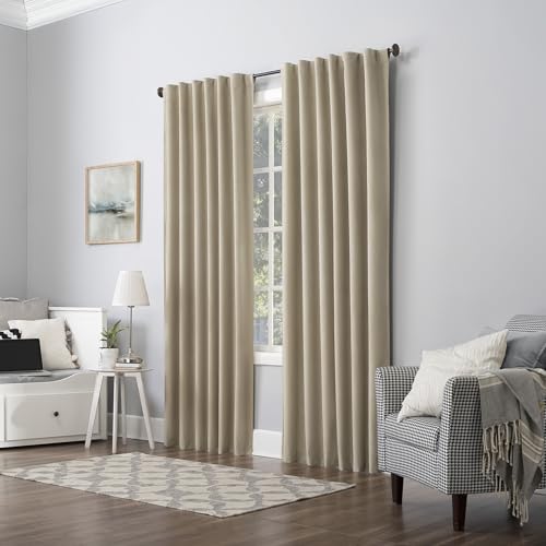 Sun Zero Hampshire Velvet Noise Reducing Thermal Extreme 100% Total Blackout Back Tab/Rod Pocket Curtain Panel, Ecru Off-White, 50" W x 108" L (1 Panel) - color: Ecru Off-white, size: 50"W x 108"L (Pack of 1)