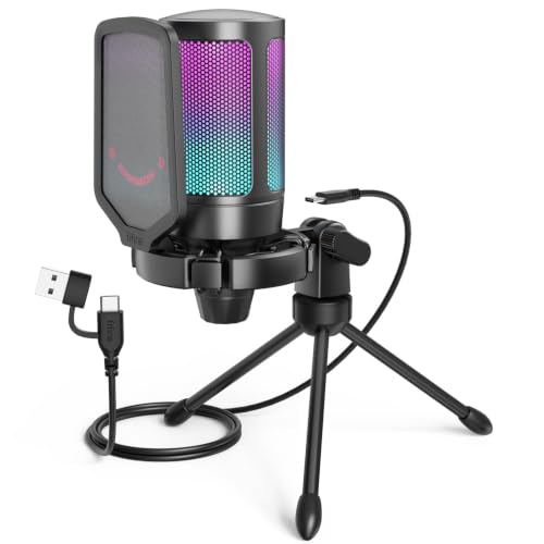 FIFINE AmpliGame A6V USB Gaming Microphone, Condenser RGB Mic for Streaming - color: Black