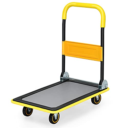 Goplus Folding Platform Cart, 330LBS Rolling Flatbed Cart Hand Platform Truck Push Dolly for Loading, Yellow - style: Yellow-330LBS