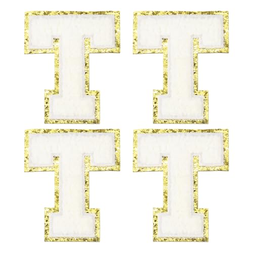MECCANIXITY Chenille Letter Patches 3.1" Alphabet T Iron on Embroidered Patch Sew on Letter Stickers Applique for Repairing Clothing Jeans Shoes Hats DIY(White, Pack of 4) - style: Letter-T