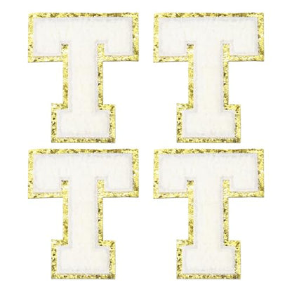 MECCANIXITY Chenille Letter Patches 3.1" Alphabet T Iron on Embroidered Patch Sew on Letter Stickers Applique for Repairing Clothing Jeans Shoes Hats DIY(White, Pack of 4) - style: Letter-T